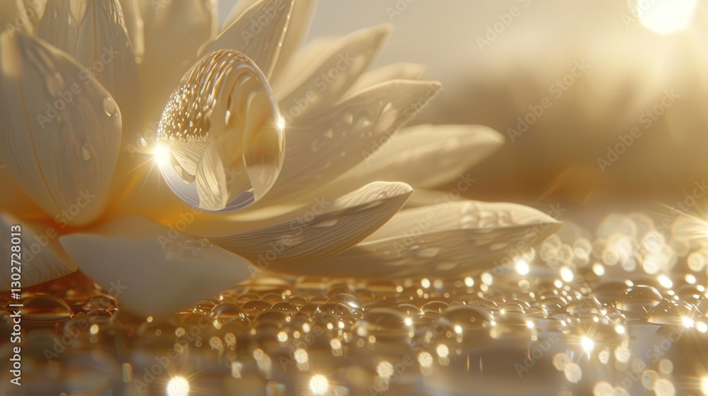 Poster a delicate water lily with a shimmering droplet sits gracefully in soft golden light, creating a ser