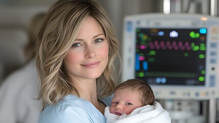 Smiling mother holding newborn baby in hospital room with medical equipment