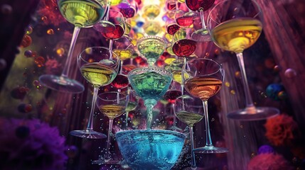 A surreal scene of floating wine glasses forming a staircase, each filled with different liquids, merging into a captivating waterfall of vibrant colors pouring into a giant cocktail glass 