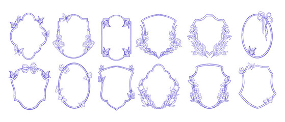 Floral frame wedding set, vector hand drawn shield line collection, spring doodle butterfly border. Holiday flower vintage invitation design, antique classic branch decoration. Minimal floral frame