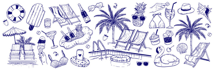 Pool party doodle set, vector hand drawn summer weekend line illustration exotic lounge leisure icon. Holiday paradise beach collection, cocktail glass, palm tree, flamingo rubber ring. Pool party kit