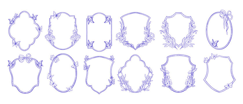 Floral frame wedding set, vector hand drawn shield line collection, spring doodle butterfly border. Holiday flower vintage invitation design, antique classic branch decoration. Minimal floral frame