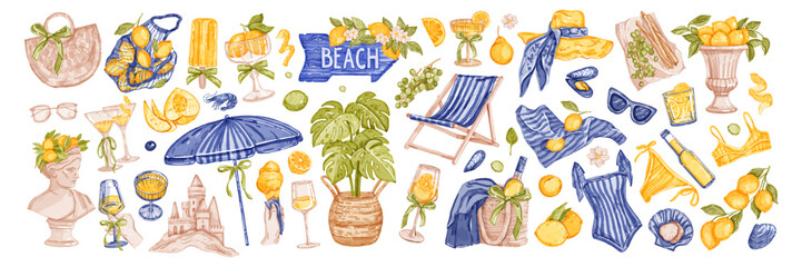 Italian summer sticker set, vector watercolor Sicilian vacation illustration, Amalfi lemon pint kit. Beach lounger, mediterranean weekend picnic, wine glass, swimming suit bikini. Italian summer