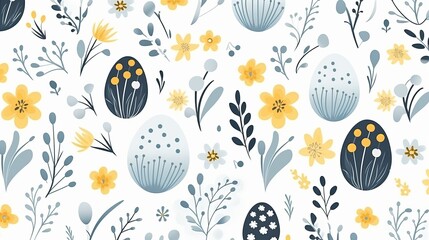 Easter eggs and flowers pattern in watercolor style on white background. Concept of spring