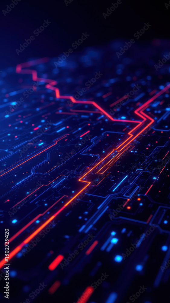 Poster futuristic technology interface with vibrant red and blue circuit lines, representing a digital infr