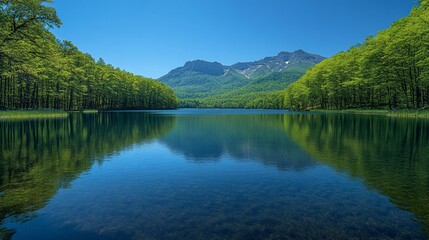 Fototapeta premium Serene mountain lake reflecting lush greenery under a clear blue sky.