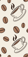 A seamless Scandinavian coffee pattern with hand-drawn coffee beans, minimalist mugs, and warm brown, beige, and cream tones, evoking cozy café vibes