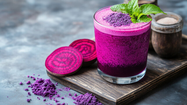 Super food powder, A vibrant purple drink infused with beetroot captured in high fidelity for stock image use.