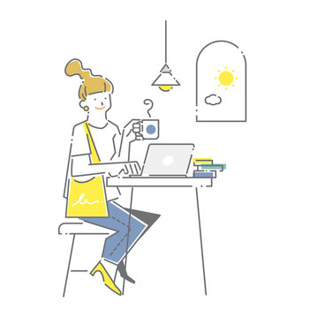 woman working laptop drinking coffee clip art preview