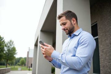 Young Caucasian Man in Professional Attire Interacting with Mobile Phone Outside of Modern Building on a Sunny Day