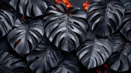 Obraz premium Dark tropical leaves, fiery background, nature texture, design element