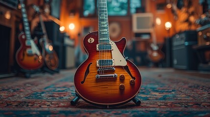 Sunburst electric guitar on stand in music shop.