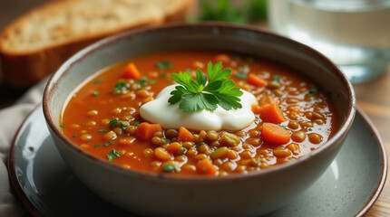 Lentil soup sits in a bowl garnished with carrots, herbs, and cream, creating a warm, inviting meal. Fresh bread and water complement the hearty dish