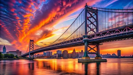 Philadelphia Ben Franklin Bridge Sunset - Iconic Cityscape Architecture Stock Photo