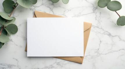 Blank white card mockup with envelope and eucalyptus leaves on white marble background, top view, flat lay,