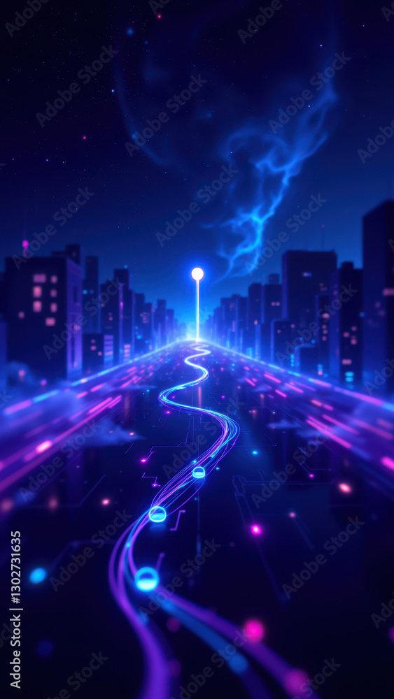 Poster futuristic cityscape with neon lights representing a network of interconnected systems.