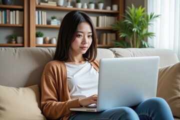 Naklejka premium Young Asian Woman Working on Laptop at Home in Cozy Living Room Surrounded by Plants and Bookshelves During Daytime