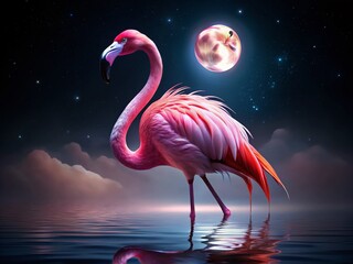 Pink Flamingo in Night Water, Open Beak, Wildlife, Nature Photography