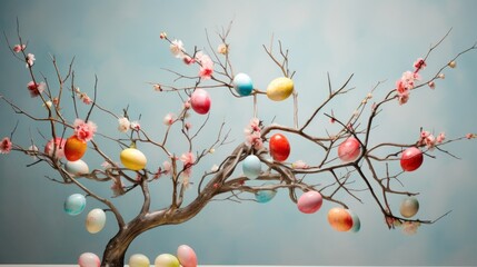 Colorful Easter eggs on a decorative tree branch, digital art style, on a blue background. Concept of Easter celebration