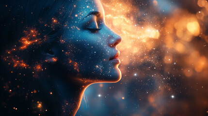 Obraz premium Cosmic abstract meditation with swirling stars inside a visionary mind