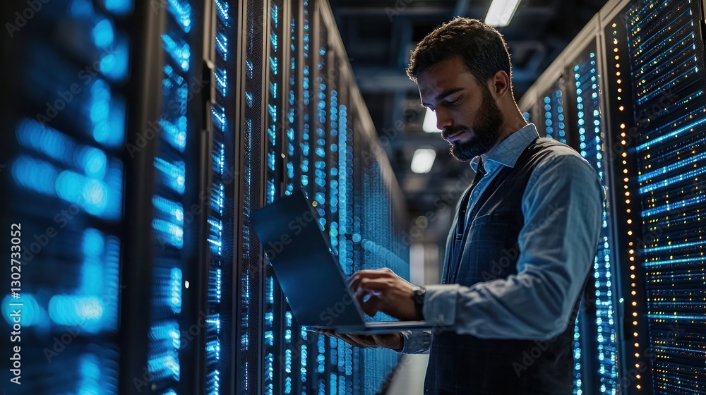 Aufkleber focused man using laptop in data center with server racks