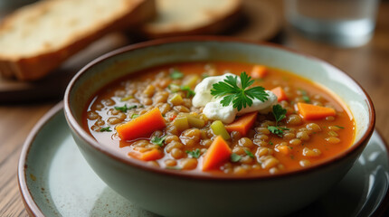 A bowl of hearty lentil soup filled with colorful vegetables is garnished with sour cream and parsley. Freshly baked bread sits nearby, creating a warm, inviting atmosphere