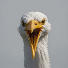 "A close-up of an egret's sharp yellow beak and piercing eyes, perfectly lit against a seamless white backdrop."
