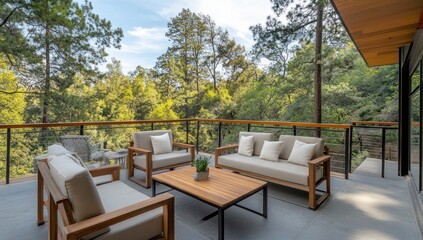 Obraz premium Modern outdoor patio furniture set with forest view.