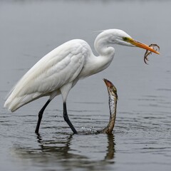 "A great egret holding a small fish in its beak, captured in high detail on a white background."