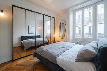 Obraz premium Modern Parisian bedroom with mirrored closet, gray bedding, and herringbone floors.