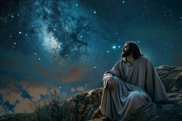 Prayers in Gethsemane scene of Jesus looking up to the night sky and praying to God before Judas' betrayal on Holy Thursday