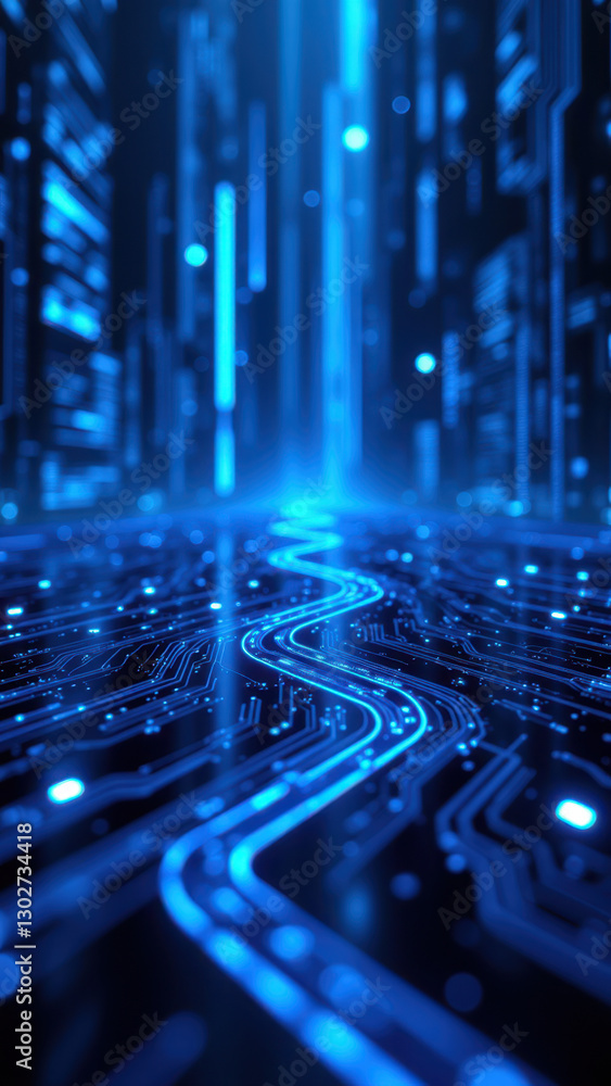 Poster advanced technology interface with blue neon lights, representing a futuristic system or network for