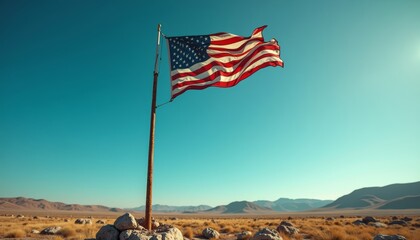 American Flag Waving Proudly in a Desert Landscape Under a Clear Sky, Symbolizing Patriotism and National Identity with Mountains Backdrop on Sunny Day