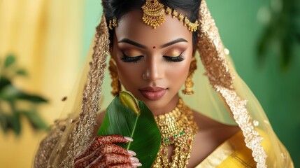 Beautiful Indian Bride Adorned In Gold Jewelry