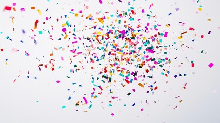 Photo of colorful confetti exploding, isolated on a white background, copy space