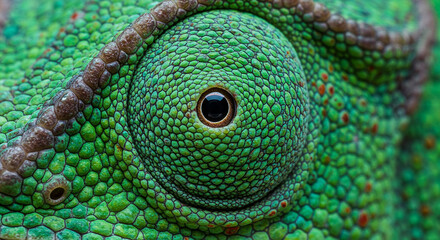 Obraz premium Extreme close-up of a chameleon's textured green eye