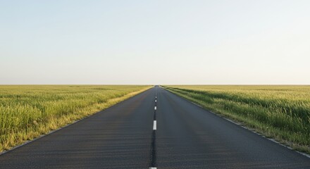 Fototapeta premium Endless road stretching through golden fields under a soft, pale sky