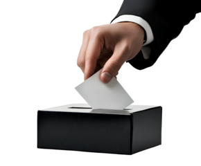 A businessman's hand placing an empty white paper into a ballot box, isolated against a clear on a Transparent background.png 
