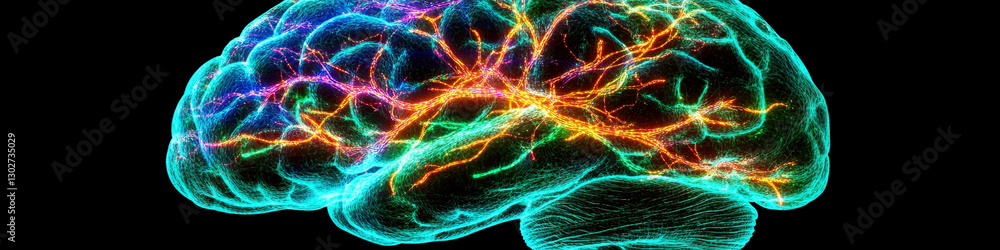 Poster colorful neural pathways light up a brain model against a black background. concept of neurological 