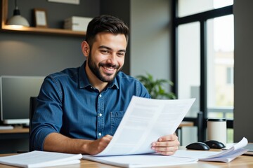 Smiling Hispanic Male Professional Reviewing Documents in Modern Office Setting During Daylight with Computer and Office Supplies Nearby