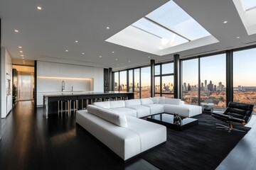 Modern penthouse living room with city view, skylight, and sleek kitchen.