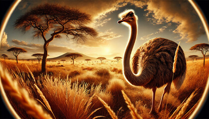 Realistic ostrich standing in the vast African savanna at sunset