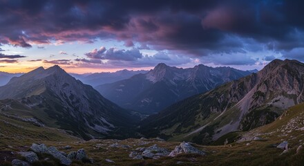 Dramatic mountain landscape with captivating clouds, providing ample copyspace