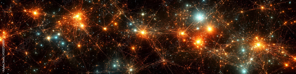 Poster bright stars and glowing celestial bodies are connected by intricate lines against a dark backdrop. 