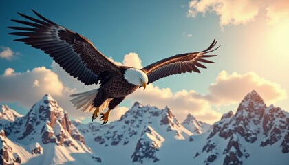Majestic flight a splendid bird gracefully soars above the snowy peaks, a beacon of freedom and power in the boundless sky, evoking a sense of wild beauty