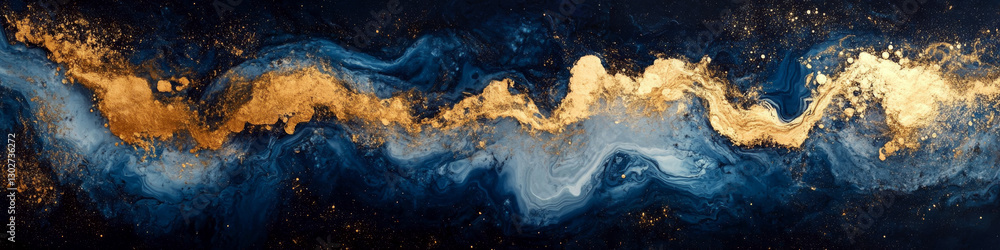 Poster abstract artwork features swirling blue and gold patterns across a dark canvas. concept of fluid mot
