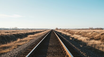 Fototapeta premium Endless railway vanishing in the horizon with expansive open field scenery