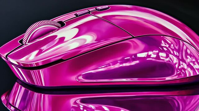 Close-up of a vibrant pink computer mouse reflecting light on a glossy surface