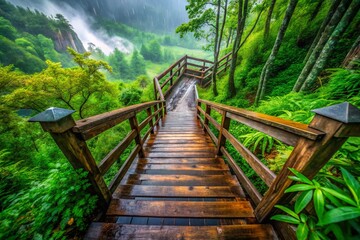 Obraz premium Rainy Day Wooden Stairs: Atmospheric Aerial View