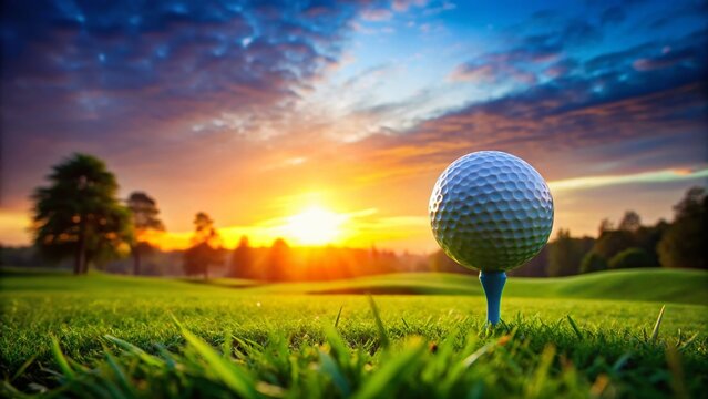 Ready to Tee Off: Golf Ball on Tee at Sunrise on Lush Green Golf Course